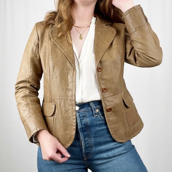 Stunning Vintage Parisian Oversized Leather Camel Tan Blazer Jacket Coat Preppy - Picture 2 of 9